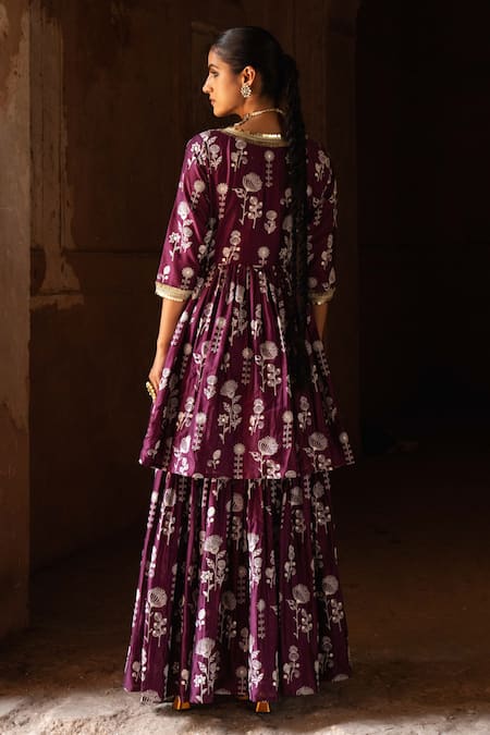 Preevin Sunflower Wine Double Layer Embroidered Angarkha With Dupatta 