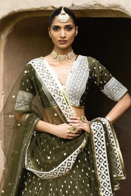 Preevin_Olive Green Chanderi Silk, Tulle Sequins, Big Border Lehenga Set With Dupatta _Online_at_Aza_Fashions
