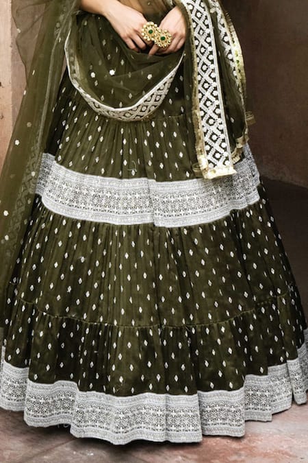 Buy_Preevin_Olive Green Chanderi Silk, Tulle Sequins, Big Border Lehenga Set With Dupatta _Online_at_Aza_Fashions