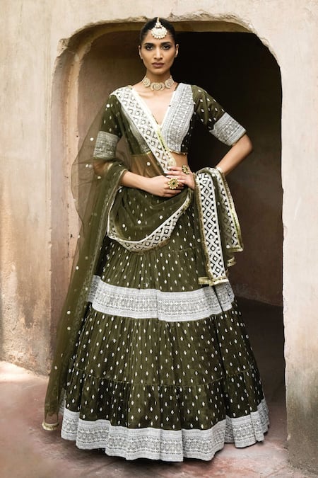 Shop_Preevin_Olive Green Chanderi Silk, Tulle Sequins, Big Border Lehenga Set With Dupatta _Online_at_Aza_Fashions