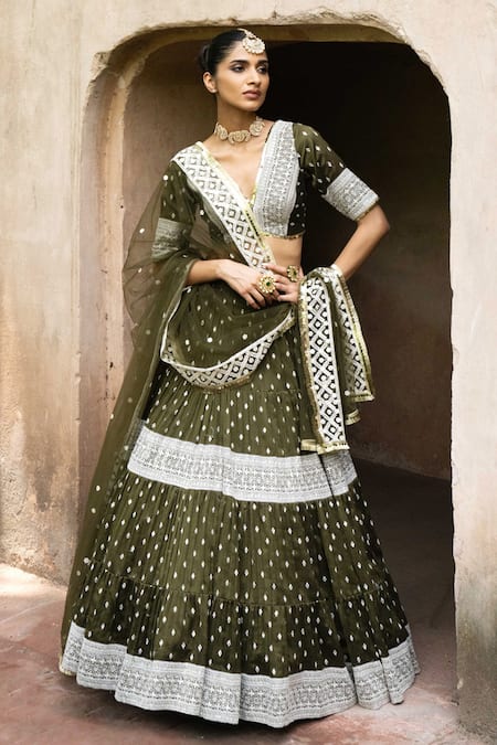 Preevin_Olive Green Chanderi Silk, Tulle Sequins, Big Border Lehenga Set With Dupatta _at_Aza_Fashions