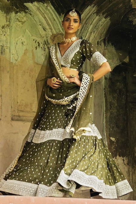 Preevin Olive Green Chanderi Silk, Tulle Sequins, Big Border Lehenga Set With Dupatta