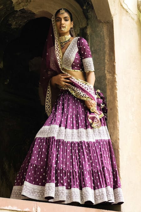 Preevin_Purple Chanderi Silk, Tulle Sequins, Wine Big Border Lehenga Set With Dupatta _Online_at_Aza_Fashions