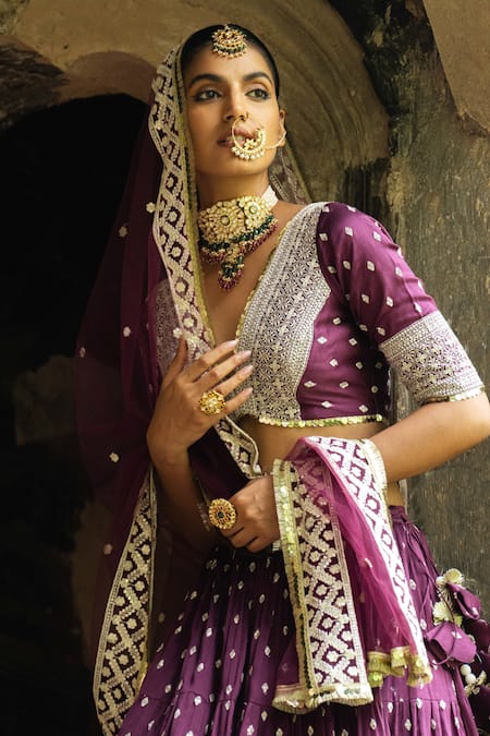 Buy_Preevin_Purple Chanderi Silk, Tulle Sequins, Wine Big Border Lehenga Set With Dupatta _Online_at_Aza_Fashions