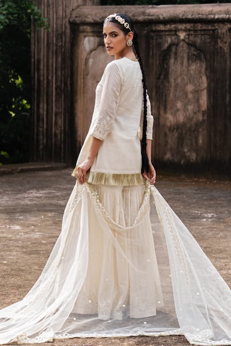 Shop_Preevin_Off White Cotton, Tulle Gold Forest Fringe Straight Sharara Set With Dupatta _at_Aza_Fashions