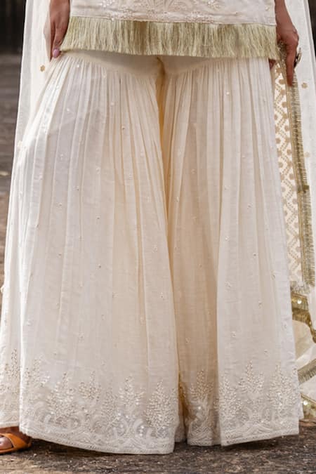 Preevin_Off White Cotton, Tulle Gold Forest Fringe Straight Sharara Set With Dupatta _Online_at_Aza_Fashions