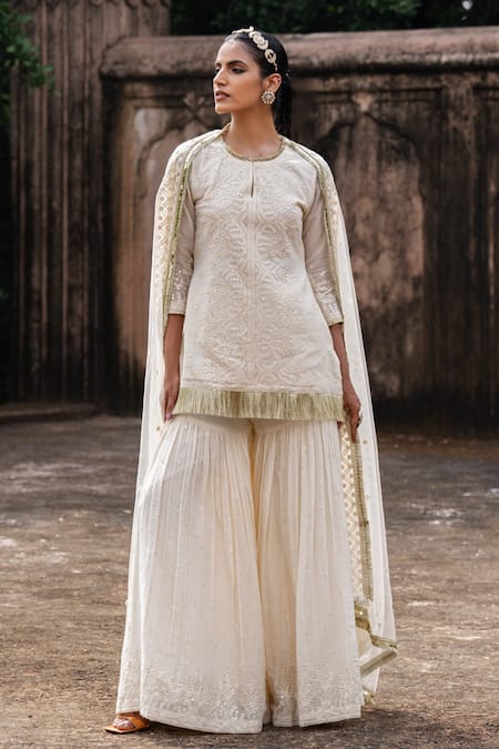 Preevin Off White Cotton, Tulle Gold Forest Fringe Straight Sharara Set With Dupatta 