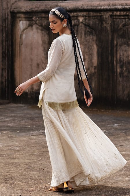 Buy_Preevin_Off White Cotton, Tulle Gold Forest Fringe Straight Sharara Set With Dupatta _Online_at_Aza_Fashions