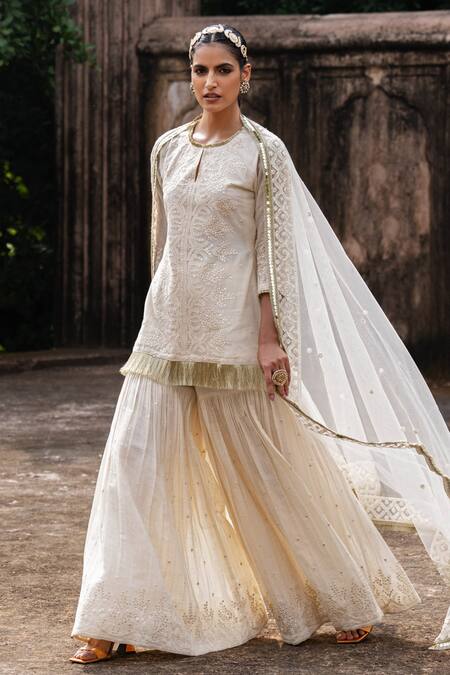 Shop_Preevin_Off White Cotton, Tulle Gold Forest Fringe Straight Sharara Set With Dupatta _Online_at_Aza_Fashions