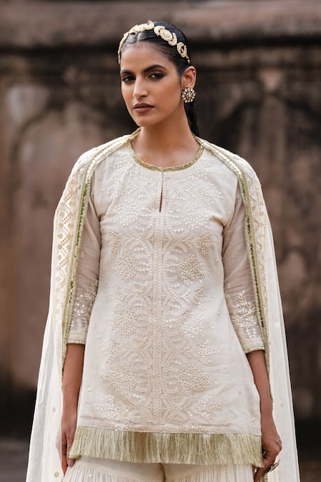 Preevin_Off White Cotton, Tulle Gold Forest Fringe Straight Sharara Set With Dupatta _at_Aza_Fashions