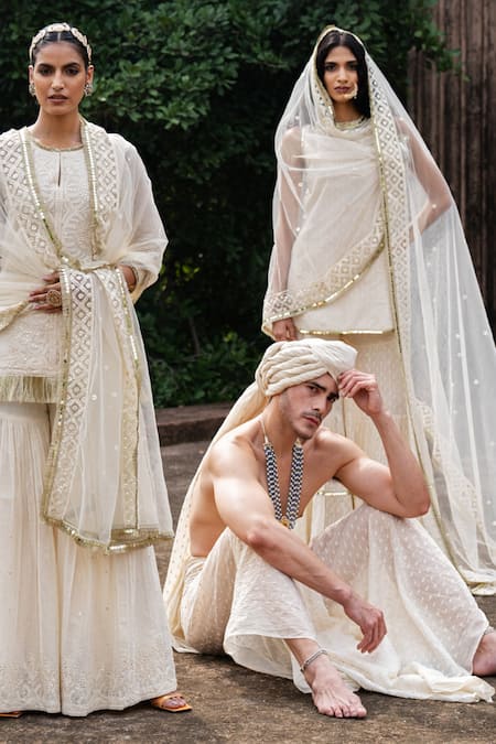 Buy_Preevin_Off White Cotton, Tulle Gold Forest Fringe Straight Sharara Set With Dupatta 