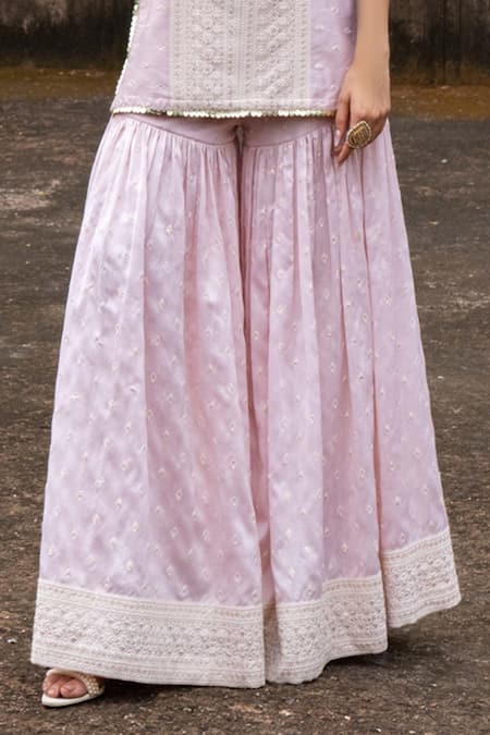 Preevin Pink Chanderi Silk, Tulle Onion Big Border Straight Sharara Set With Dupatta Online at Aza Fashions Preevin_Pink Chanderi Silk, Tulle Onion Big Border Straight Sharara Set With Dupatta _Online_at_Aza_Fashions