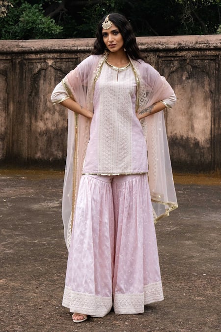 Preevin Pink Chanderi Silk, Tulle Onion Big Border Straight Sharara Set With Dupatta