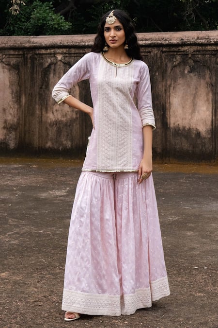 Buy Preevin Pink Chanderi Silk, Tulle Onion Big Border Straight Sharara Set With Dupatta Online at Aza Fashions Buy_Preevin_Pink Chanderi Silk, Tulle Onion Big Border Straight Sharara Set With Dupatta _Online_at_Aza_Fashions