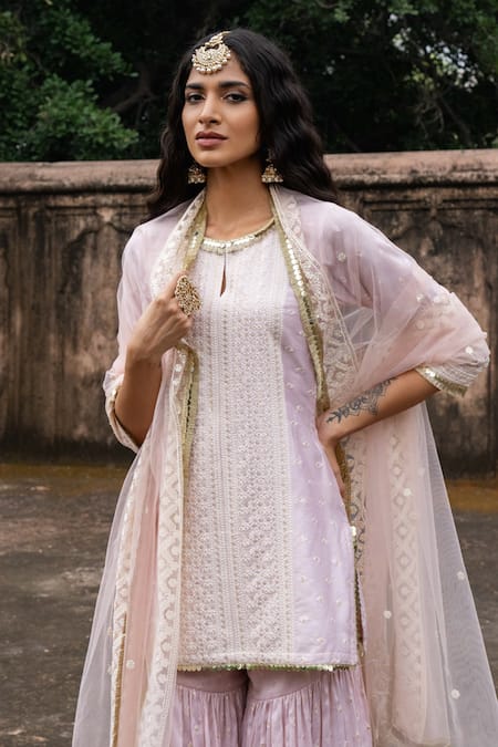 Shop Preevin Pink Chanderi Silk, Tulle Onion Big Border Straight Sharara Set With Dupatta Online at Aza Fashions Shop_Preevin_Pink Chanderi Silk, Tulle Onion Big Border Straight Sharara Set With Dupatta _Online_at_Aza_Fashions
