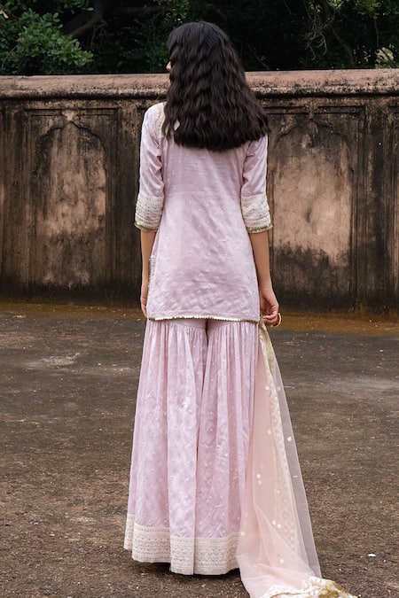 Shop Preevin Pink Chanderi Silk, Tulle Onion Big Border Straight Sharara Set With Dupatta at Aza Fashions Shop_Preevin_Pink Chanderi Silk, Tulle Onion Big Border Straight Sharara Set With Dupatta _at_Aza_Fashions