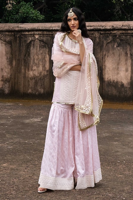 Preevin Pink Chanderi Silk, Tulle Onion Big Border Straight Sharara Set With Dupatta at Aza Fashions Preevin_Pink Chanderi Silk, Tulle Onion Big Border Straight Sharara Set With Dupatta _at_Aza_Fashions