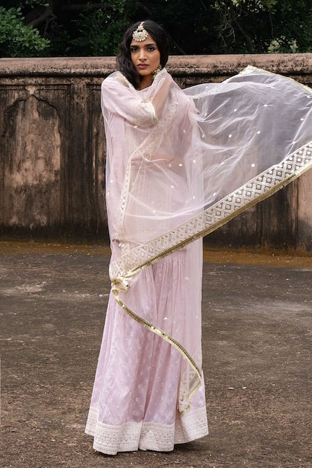 Buy Preevin Pink Chanderi Silk, Tulle Onion Big Border Straight Sharara Set With Dupatta Buy_Preevin_Pink Chanderi Silk, Tulle Onion Big Border Straight Sharara Set With Dupatta
