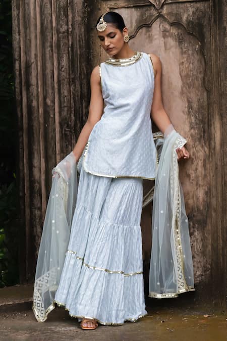 Preevin Blue Chanderi Silk, Tulle Sequins, Ice Dots Straight Sharara Set With Dupatta 