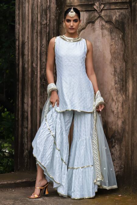 Buy Preevin Blue Chanderi Silk, Tulle Sequins, Ice Dots Straight Sharara Set With Dupatta Online at Aza Fashions Buy_Preevin_Blue Chanderi Silk, Tulle Sequins, Ice Dots Straight Sharara Set With Dupatta _Online_at_Aza_Fashions