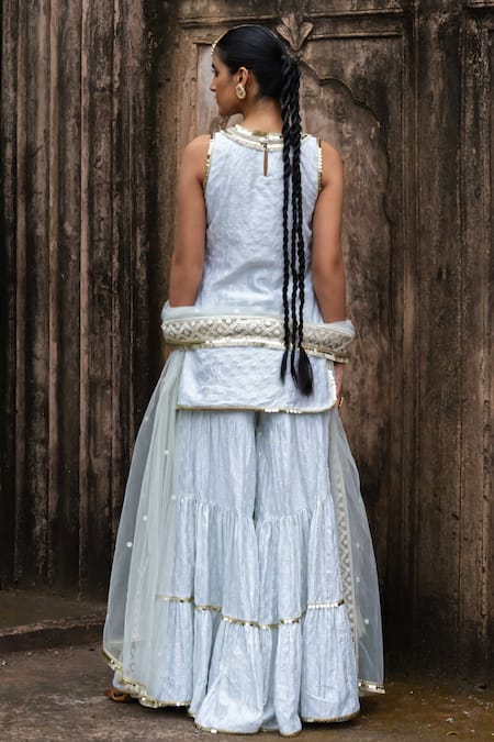 Shop Preevin Blue Chanderi Silk, Tulle Sequins, Ice Dots Straight Sharara Set With Dupatta at Aza Fashions Shop_Preevin_Blue Chanderi Silk, Tulle Sequins, Ice Dots Straight Sharara Set With Dupatta _at_Aza_Fashions