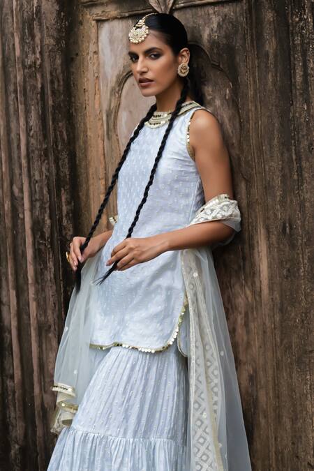 Shop Preevin Blue Chanderi Silk, Tulle Sequins, Ice Dots Straight Sharara Set With Dupatta Online at Aza Fashions Shop_Preevin_Blue Chanderi Silk, Tulle Sequins, Ice Dots Straight Sharara Set With Dupatta _Online_at_Aza_Fashions