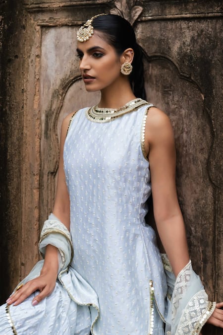 Preevin Blue Chanderi Silk, Tulle Sequins, Ice Dots Straight Sharara Set With Dupatta at Aza Fashions Preevin_Blue Chanderi Silk, Tulle Sequins, Ice Dots Straight Sharara Set With Dupatta _at_Aza_Fashions