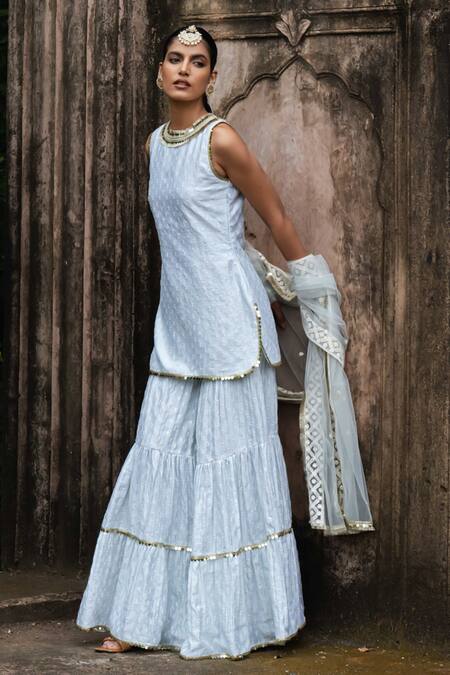 Buy Preevin Blue Chanderi Silk, Tulle Sequins, Ice Dots Straight Sharara Set With Dupatta Buy_Preevin_Blue Chanderi Silk, Tulle Sequins, Ice Dots Straight Sharara Set With Dupatta