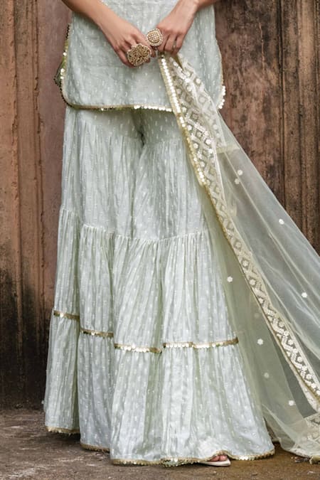 Preevin Mint Chanderi Silk, Tulle Sequins, Dots Straight Sharara Set With Dupatta Online at Aza Fashions Preevin_Mint Chanderi Silk, Tulle Sequins, Dots Straight Sharara Set With Dupatta _Online_at_Aza_Fashions