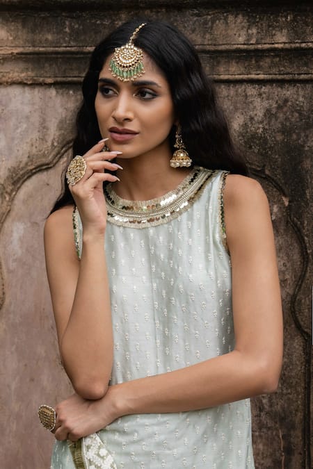 Buy Preevin Mint Chanderi Silk, Tulle Sequins, Dots Straight Sharara Set With Dupatta Online at Aza Fashions Buy_Preevin_Mint Chanderi Silk, Tulle Sequins, Dots Straight Sharara Set With Dupatta _Online_at_Aza_Fashions