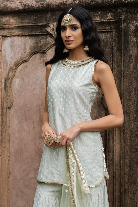 Shop Preevin Mint Chanderi Silk, Tulle Sequins, Dots Straight Sharara Set With Dupatta Online at Aza Fashions Shop_Preevin_Mint Chanderi Silk, Tulle Sequins, Dots Straight Sharara Set With Dupatta _Online_at_Aza_Fashions
