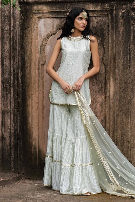 Preevin Mint Chanderi Silk, Tulle Sequins, Dots Straight Sharara Set With Dupatta