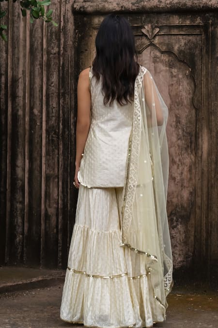 Shop Preevin Yellow Chanderi Silk, Lemon Dots Straight Sharara Set With Embroidered Dupatta at Aza Fashions Shop_Preevin_Yellow Chanderi Silk, Lemon Dots Straight Sharara Set With Embroidered Dupatta _at_Aza_Fashions