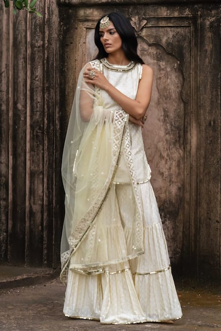 Shop Preevin Yellow Chanderi Silk, Lemon Dots Straight Sharara Set With Embroidered Dupatta Online at Aza Fashions Shop_Preevin_Yellow Chanderi Silk, Lemon Dots Straight Sharara Set With Embroidered Dupatta _Online_at_Aza_Fashions