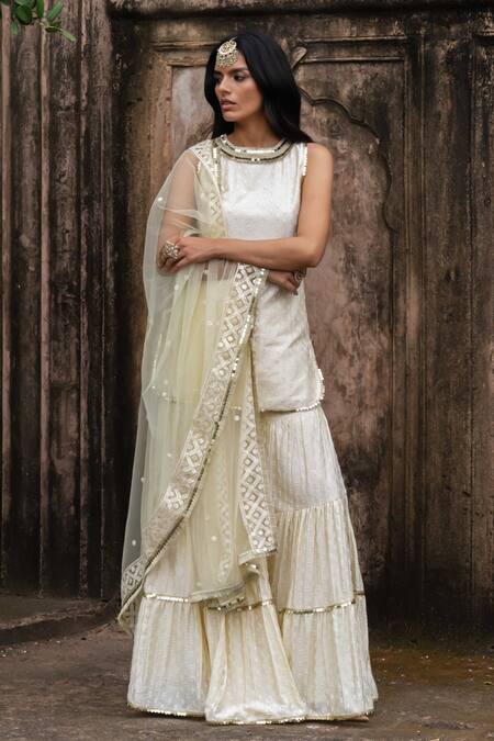 Preevin Yellow Chanderi Silk, Lemon Dots Straight Sharara Set With Embroidered Dupatta at Aza Fashions Preevin_Yellow Chanderi Silk, Lemon Dots Straight Sharara Set With Embroidered Dupatta _at_Aza_Fashions