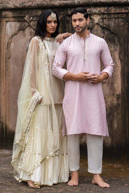 Buy Preevin Yellow Chanderi Silk, Lemon Dots Straight Sharara Set With Embroidered Dupatta Buy_Preevin_Yellow Chanderi Silk, Lemon Dots Straight Sharara Set With Embroidered Dupatta