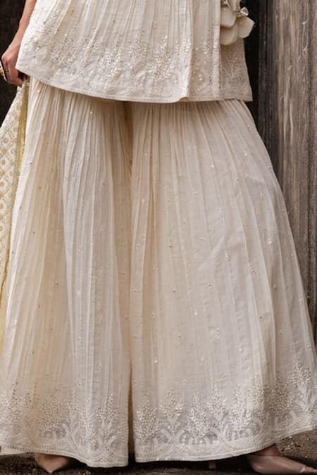 Preevin Off White Shantoon, Tulle Sequins, Golden Forest Peplum Kurta Sharara Set Online at Aza Fashions Preevin_Off White Shantoon, Tulle Sequins, Golden Forest Peplum Kurta Sharara Set _Online_at_Aza_Fashions