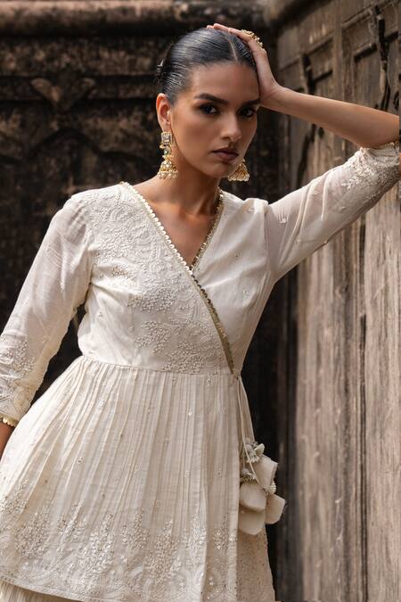 Buy Preevin Off White Shantoon, Tulle Sequins, Golden Forest Peplum Kurta Sharara Set Online at Aza Fashions Buy_Preevin_Off White Shantoon, Tulle Sequins, Golden Forest Peplum Kurta Sharara Set _Online_at_Aza_Fashions