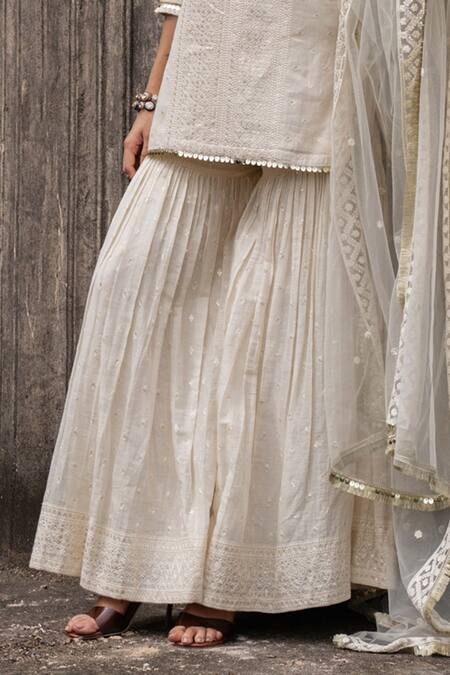 Preevin Off White Cotton, Tulle Sequins, Big Border Straight Sharara Set With Dupatta Online at Aza Fashions Preevin_Off White Cotton, Tulle Sequins, Big Border Straight Sharara Set With Dupatta _Online_at_Aza_Fashions