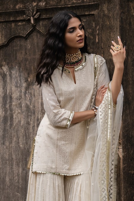 Buy Preevin Off White Cotton, Tulle Sequins, Big Border Straight Sharara Set With Dupatta Online at Aza Fashions Buy_Preevin_Off White Cotton, Tulle Sequins, Big Border Straight Sharara Set With Dupatta _Online_at_Aza_Fashions