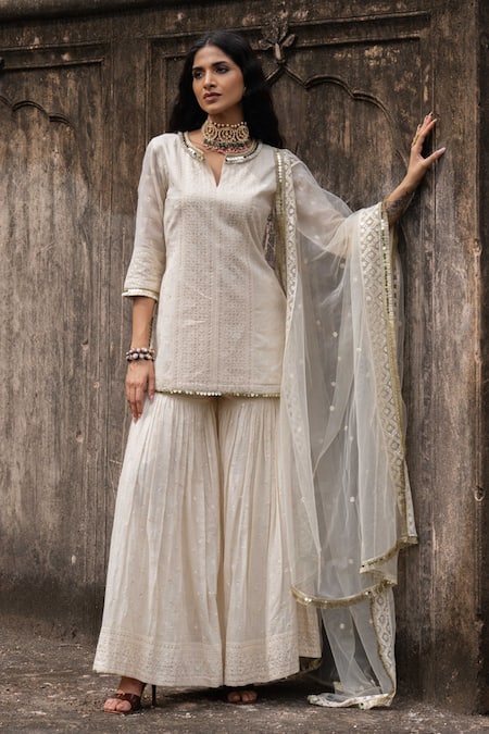 Preevin Off White Cotton, Tulle Sequins, Big Border Straight Sharara Set With Dupatta 