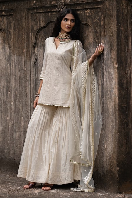 Shop Preevin Off White Cotton, Tulle Sequins, Big Border Straight Sharara Set With Dupatta Online at Aza Fashions Shop_Preevin_Off White Cotton, Tulle Sequins, Big Border Straight Sharara Set With Dupatta _Online_at_Aza_Fashions