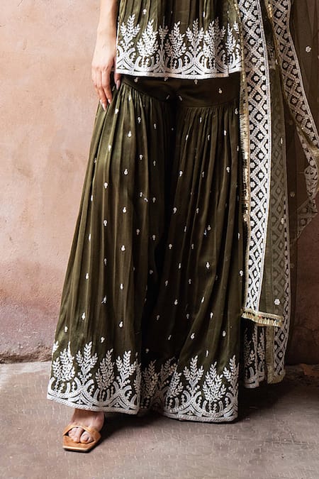 Preevin Olive Green Chanderi Silk, Tulle Forest Peplum Sharara Set With Dupatta Online at Aza Fashions Preevin_Olive Green Chanderi Silk, Tulle Forest Peplum Sharara Set With Dupatta _Online_at_Aza_Fashions