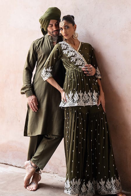 Buy Preevin Olive Green Chanderi Silk, Tulle Forest Peplum Sharara Set With Dupatta Online at Aza Fashions Buy_Preevin_Olive Green Chanderi Silk, Tulle Forest Peplum Sharara Set With Dupatta _Online_at_Aza_Fashions