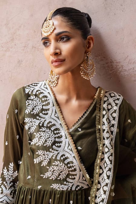 Shop Preevin Olive Green Chanderi Silk, Tulle Forest Peplum Sharara Set With Dupatta Online at Aza Fashions Shop_Preevin_Olive Green Chanderi Silk, Tulle Forest Peplum Sharara Set With Dupatta _Online_at_Aza_Fashions