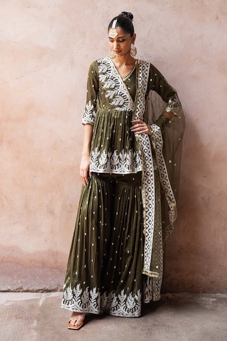 Preevin Olive Green Chanderi Silk, Tulle Forest Peplum Sharara Set With Dupatta at Aza Fashions Preevin_Olive Green Chanderi Silk, Tulle Forest Peplum Sharara Set With Dupatta _at_Aza_Fashions