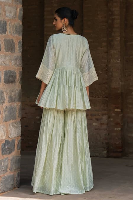 Preevin Mint Carpet Front Open Peplum Set With Embroidered Dupatta 