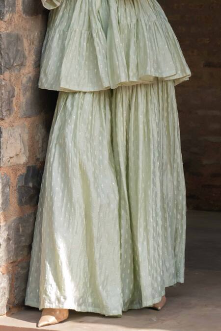 Preevin_Mint Chanderi Silk Sequins Carpet Front Open Peplum Set With Embroidered Dupatta _Online_at_Aza_Fashions