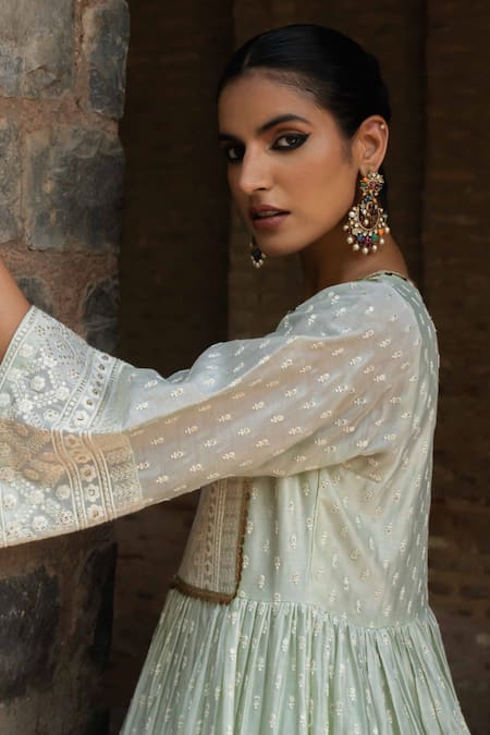 Buy_Preevin_Mint Chanderi Silk Sequins Carpet Front Open Peplum Set With Embroidered Dupatta _Online_at_Aza_Fashions