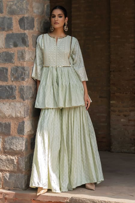 Shop_Preevin_Mint Chanderi Silk Sequins Carpet Front Open Peplum Set With Embroidered Dupatta _Online_at_Aza_Fashions
